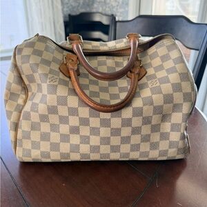 Louis Vuitton Damier Azur Canvas Speedy Bag in Brown and Cream